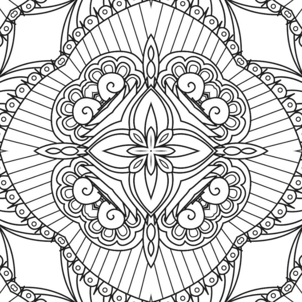 Highly detailed square mandala coloring page with a central blooming flower, intricate swirls, and layered decorative patterns for stress relief.