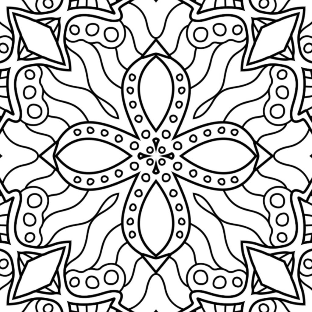 Elegant blossom mandala coloring page with central floral motif and flowing patterns, free printable for relaxation and artistic expression.