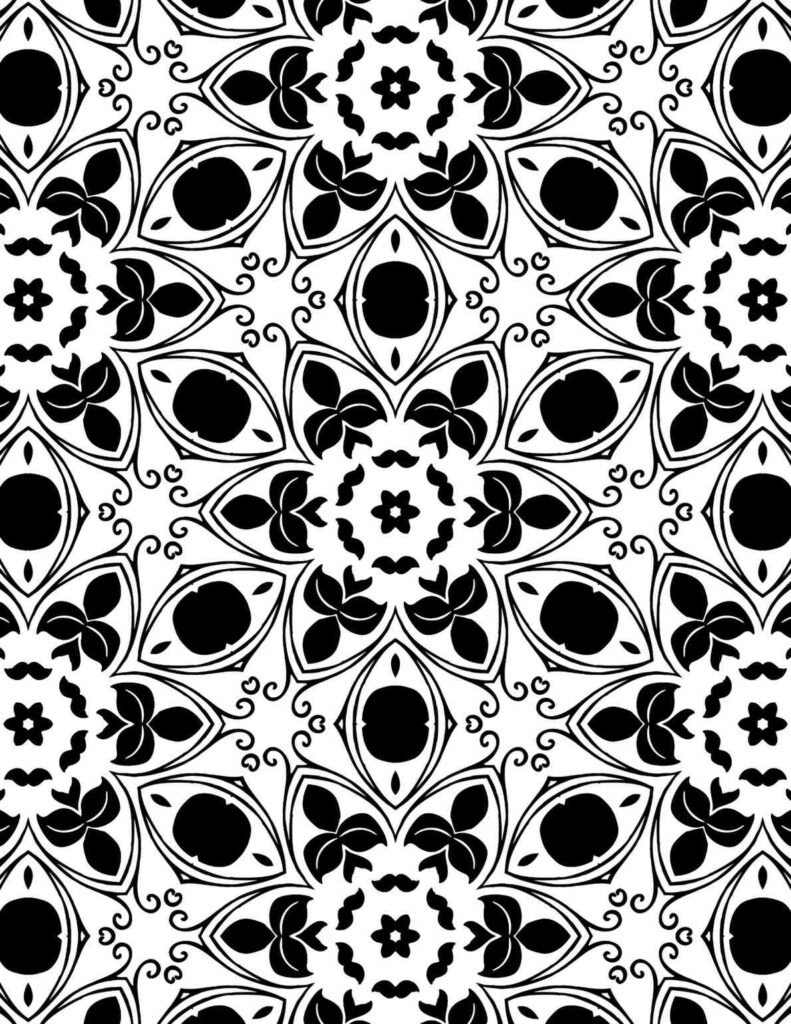 Intricate black and white floral petal mandala design, perfect for coloring and relaxation