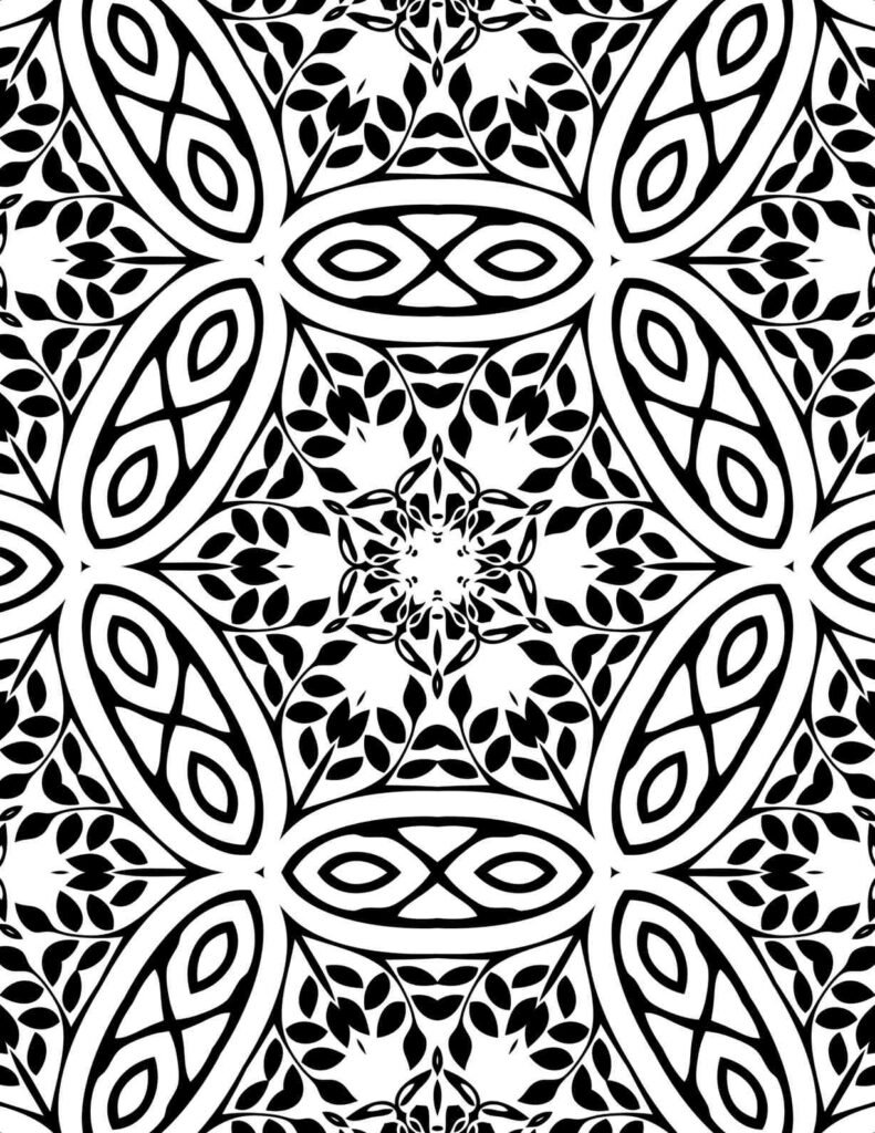 Free printable elegant mandala with prominent oval motifs, intertwining vines, delicate leaves, and a central starburst for mindful coloring