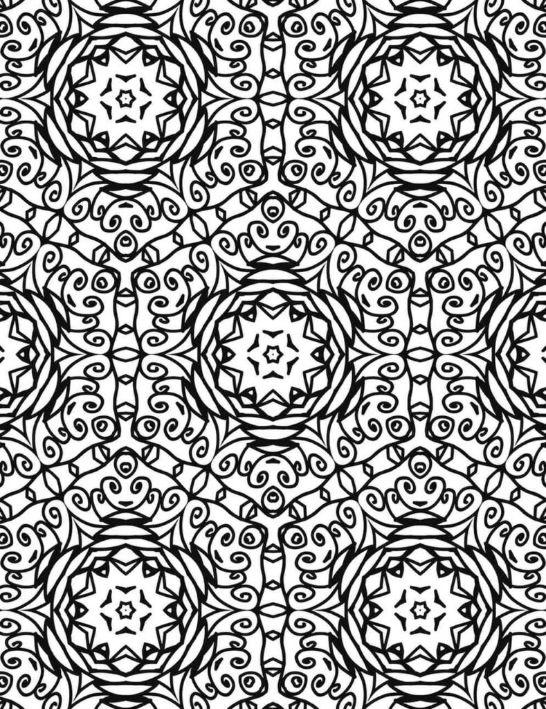 Highly detailed black and white elegant swirl and star mandala pattern for intricate adult coloring and mindful relaxation.