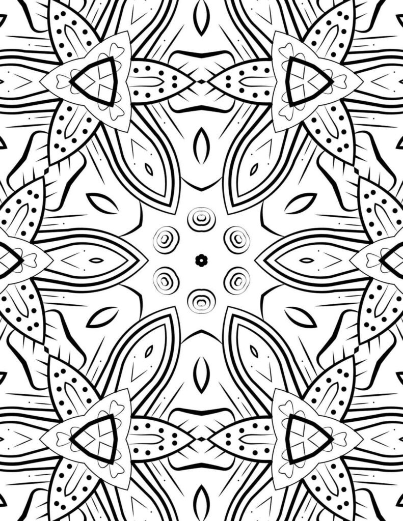 Beautiful flower-inspired mandala coloring page with intricate patterns, dot details, and a swirling center for mindful relaxation.