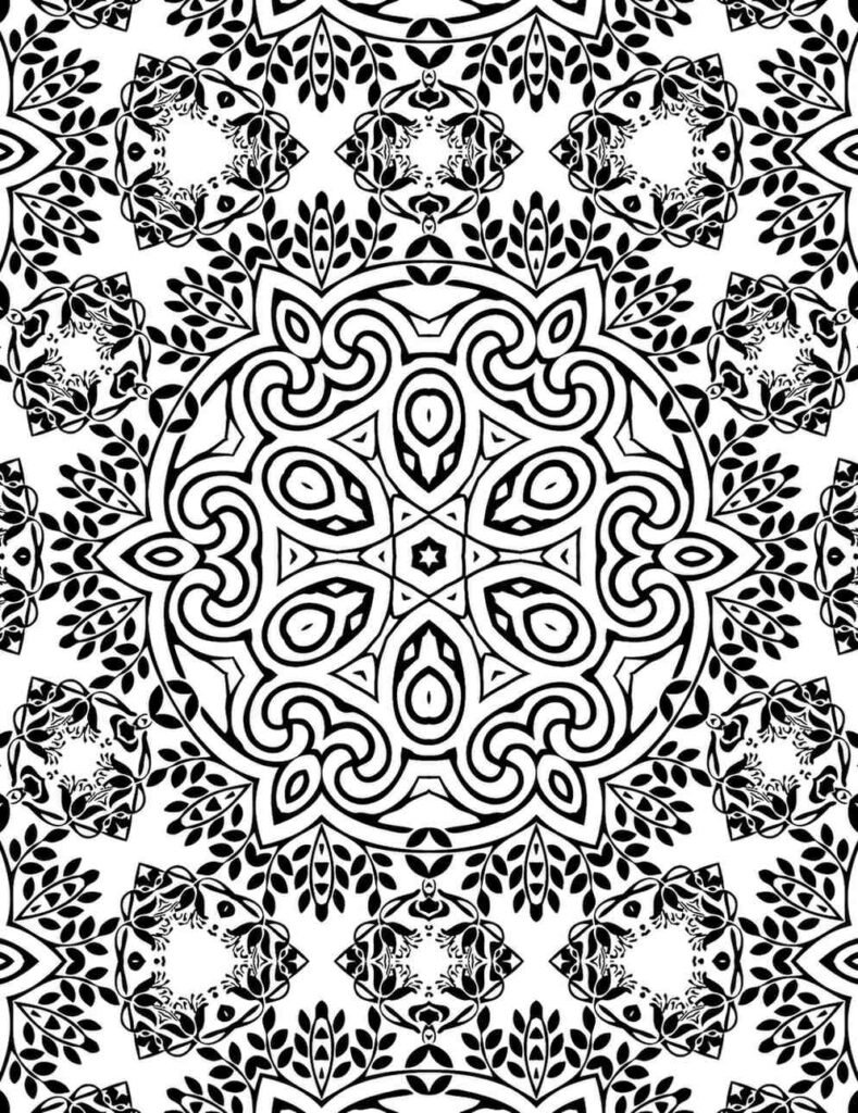 Free printable mandala coloring page featuring a central star-flower surrounded by intricate flowing shapes and detailed laurel-like leaf patterns, rendered in elegant black and white for mindful art.