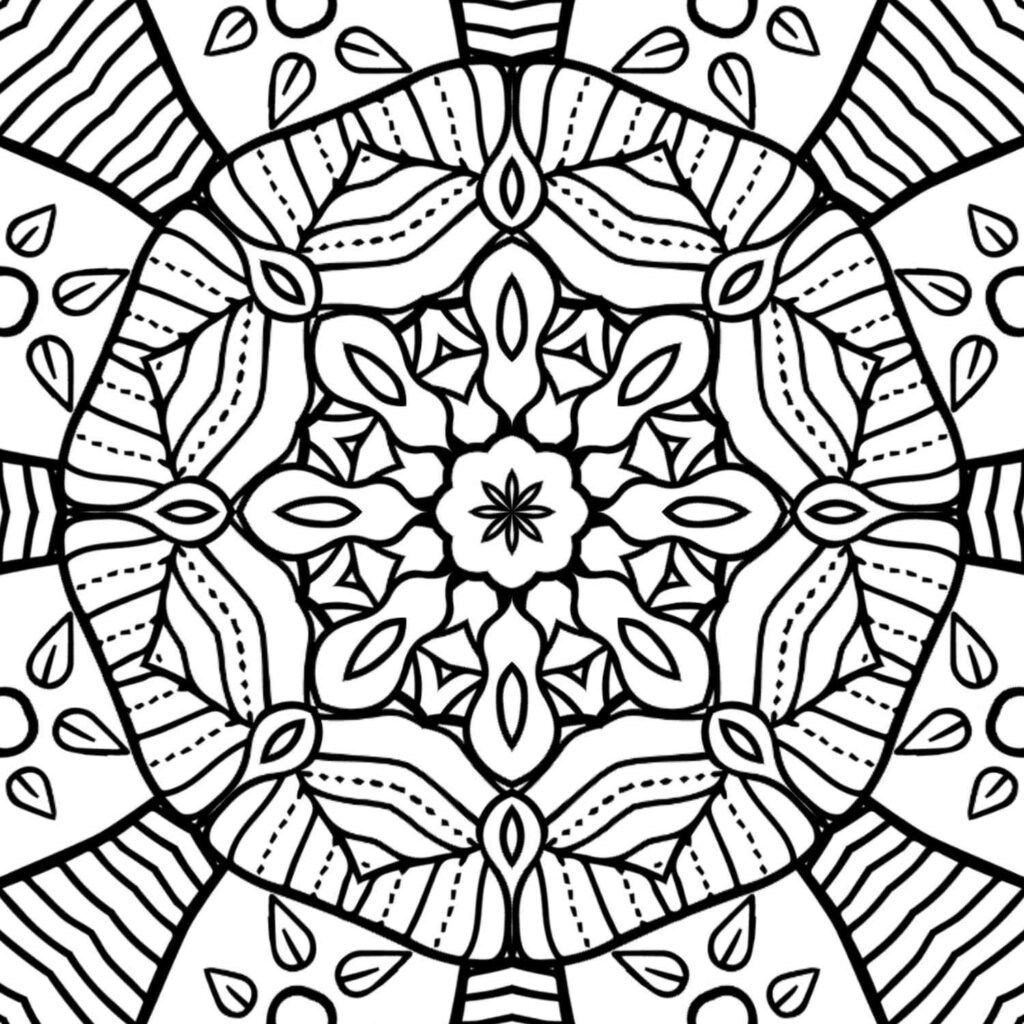 "Detailed black and white mandala coloring page with a central floral motif surrounded by intricate patterns resembling leaves, seeds, and teardrops, perfect for adult coloring."