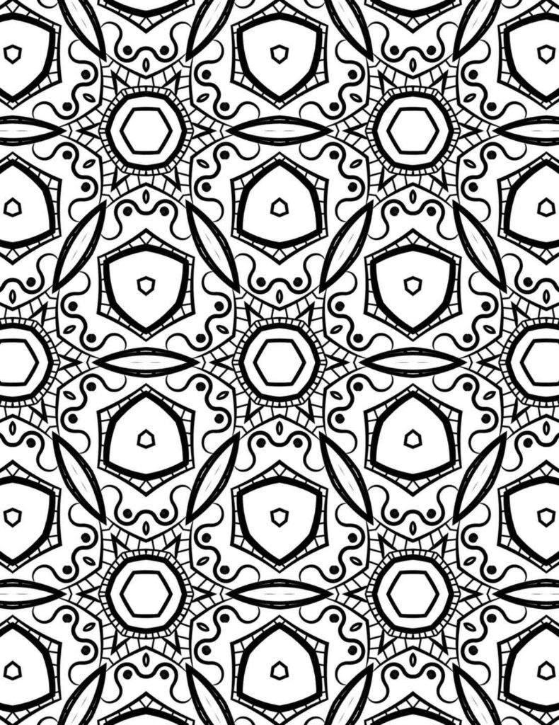 Free printable mandala coloring page with unique shield-like and geometric patterns, ideal for mindful art, stress relief, and fostering focus.