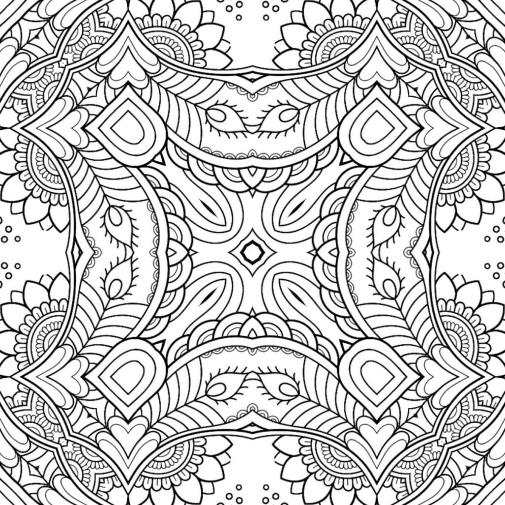Abstract mandala coloring page with feathered patterns and teardrop shapes for stress relief and mindfulness