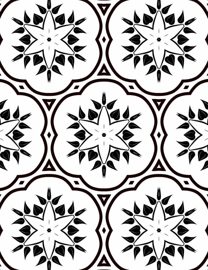 Elegant black and white ornate petalstar mandala with floral stars and scalloped borders for coloring and meditation.