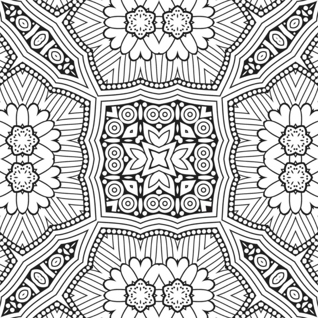 Detailed floral blossom mandala coloring page, intricate symmetrical design for relaxation and stress relief