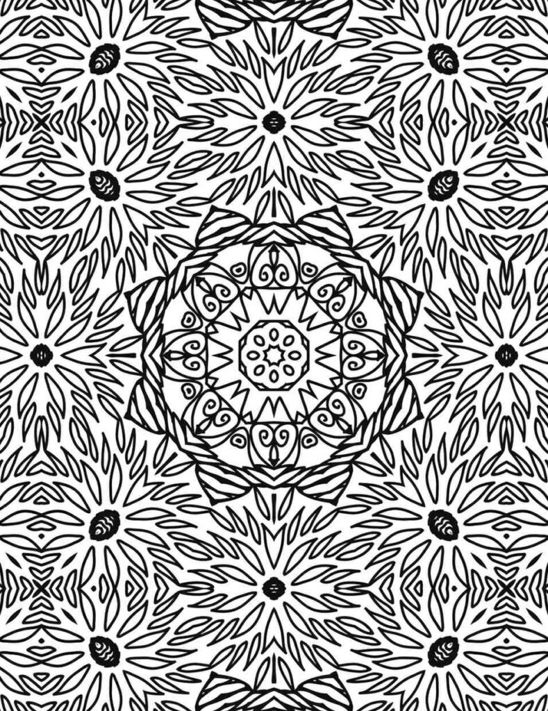 Detailed floral mandala coloring page with intricate petal patterns for stress relief and mindfulness.