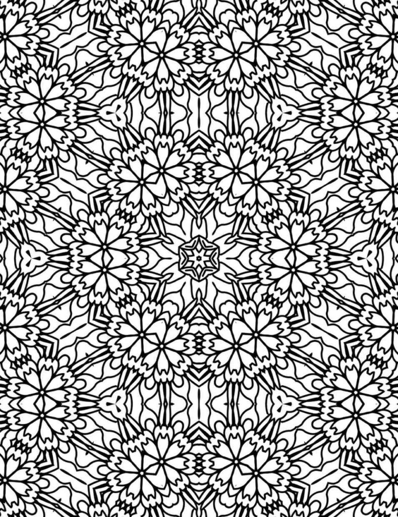 Dense black and white mandala with repeating clusters of scalloped flower petals, forming an intricate, organic pattern for mindful coloring.