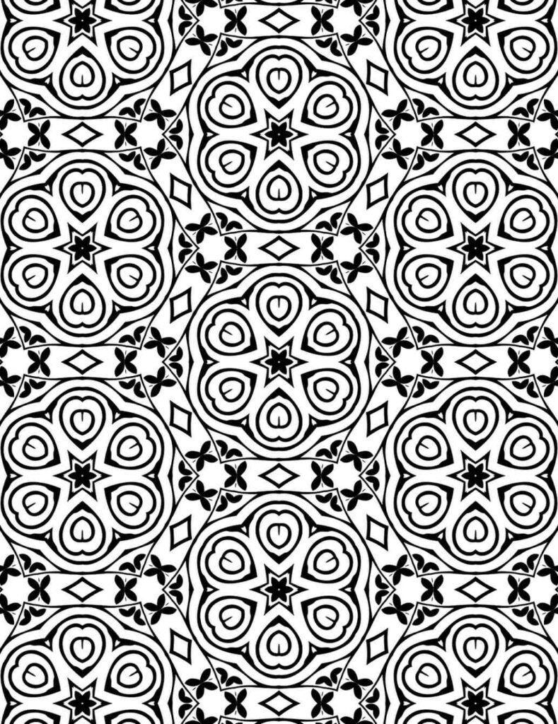 Free printable repeating floral hexagon mandala with intricate central star motifs and connecting geometric patterns for adults