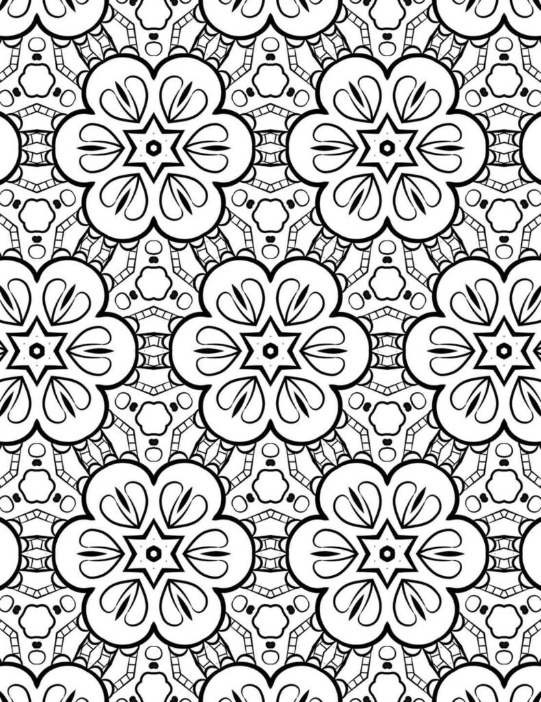 Intricate floral star mandala coloring page, repeating pattern, meditation, stress relief