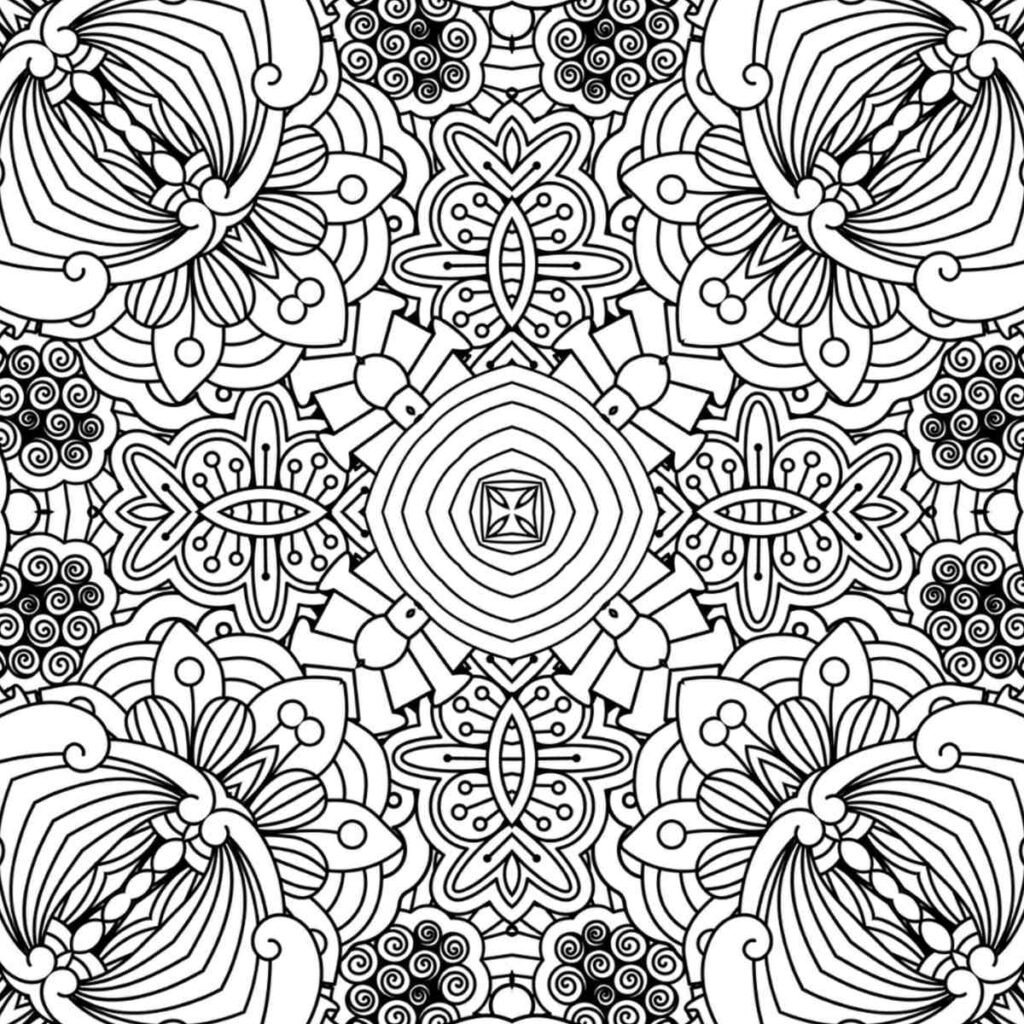 Detailed floral swirl mandala design for adult coloring, promoting relaxation and mindfulness.