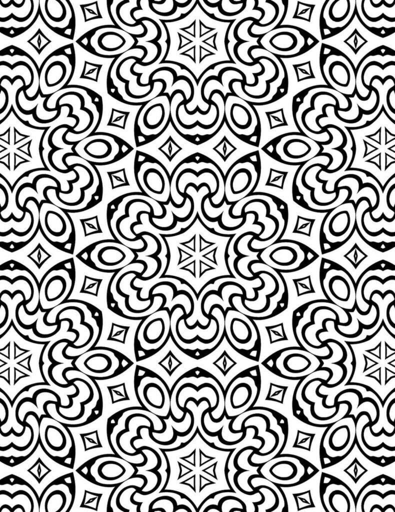 Symmetrical floral mandala design with swirling petal-like shapes, starburst centers, and delicate geometric accents, ideal for stress relief.