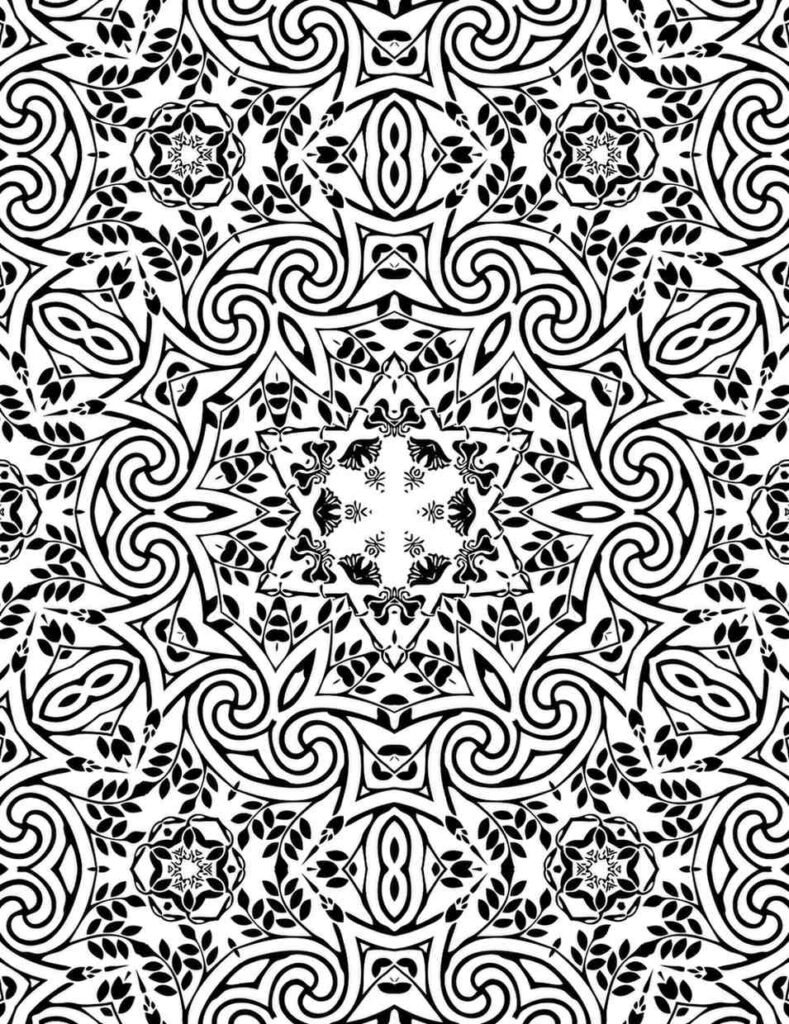 Intricate floral vine mandala with swirling tendrils and delicate leaves, perfect for adult coloring and relaxation.