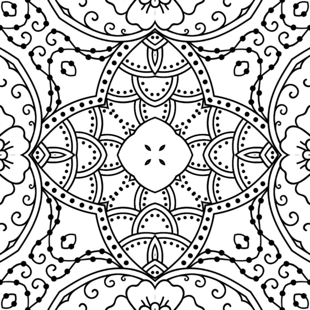 Detailed floral vine mandala coloring page with intricate patterns for relaxation