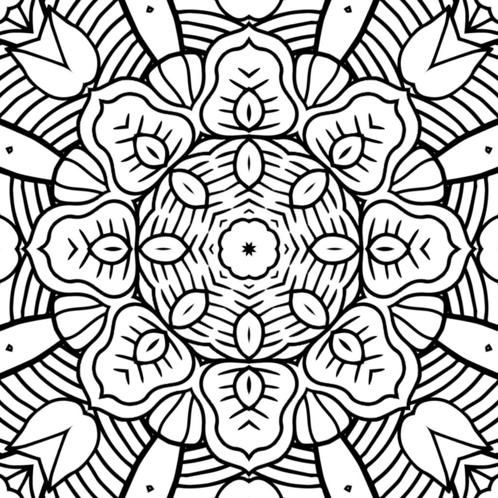 "Simple black and white mandala with a central flower motif surrounded by symmetrical petal and leaf-like patterns, perfect for beginners and mindful coloring."