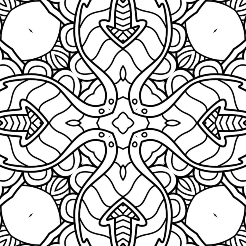 Dynamic flowing arrows mandala coloring page with stylized fish and organic elements, free printable for focus and empowered creativity.