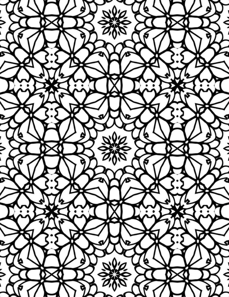 Symmetrical floral mandala coloring page with flowing lines and petal-like shapes, ideal for relaxation and artistic expression