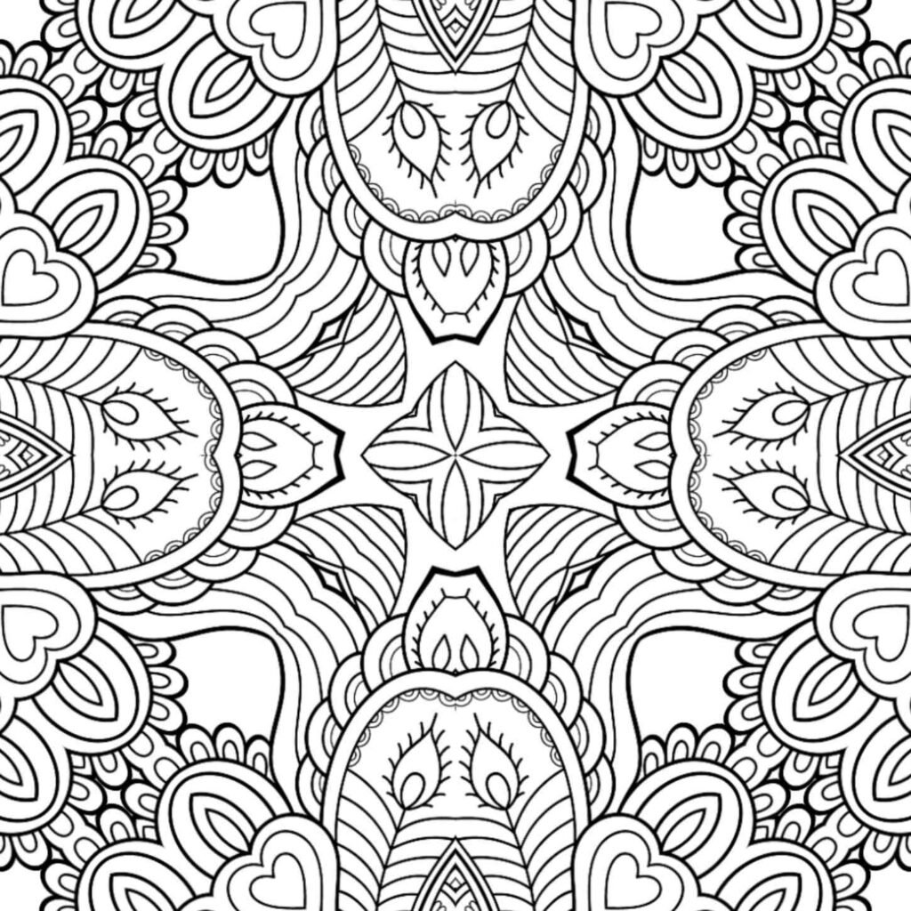 Mindful mandala coloring page with heart shapes and organic flowing patterns for stress relief