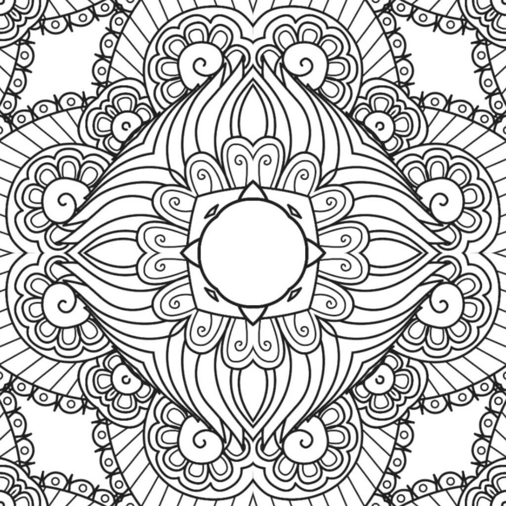 Free printable ornate mandala coloring page featuring a central circle, large paisley-like motifs, and intricate floral and geometric patterns.