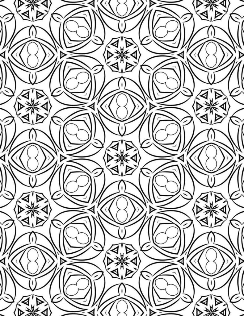 Elegant repeating pattern mandala with rounded shapes and starburst accents for calming coloring