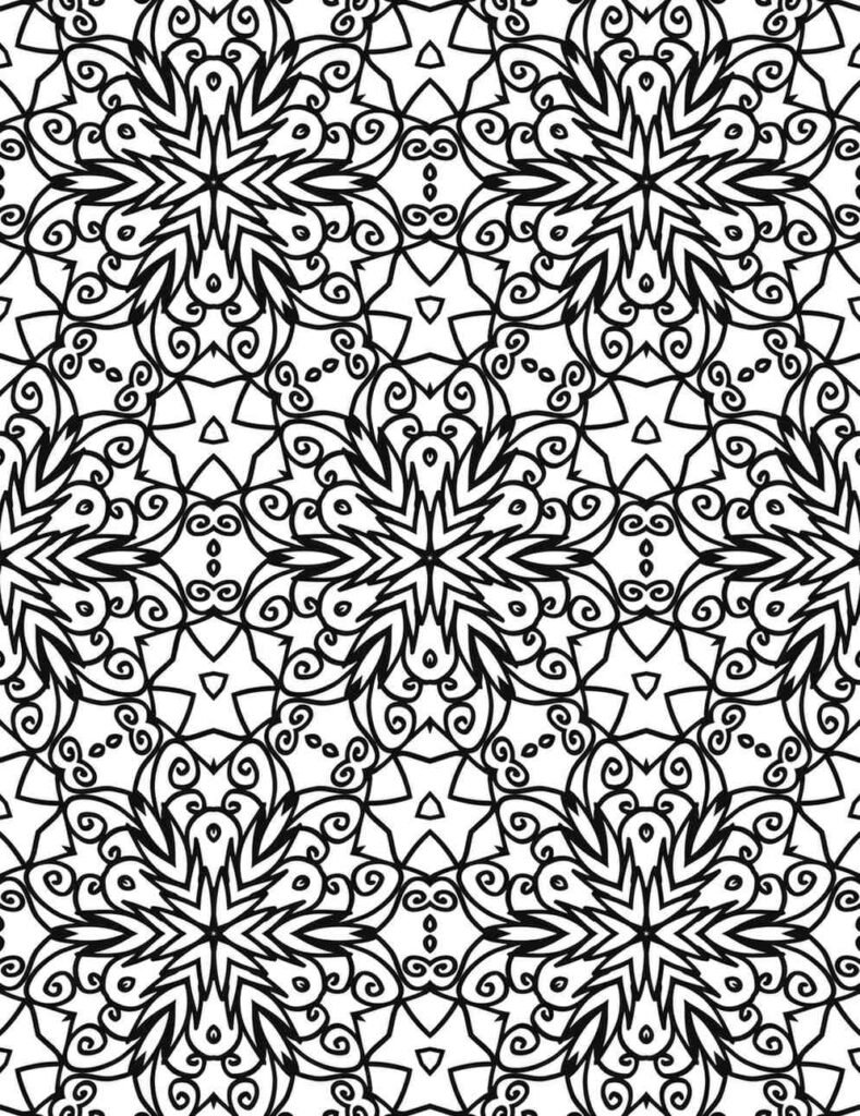 Detailed black and white floral mandala coloring page with intricate patterns and swirling designs, perfect for stress relief and mindfulness.