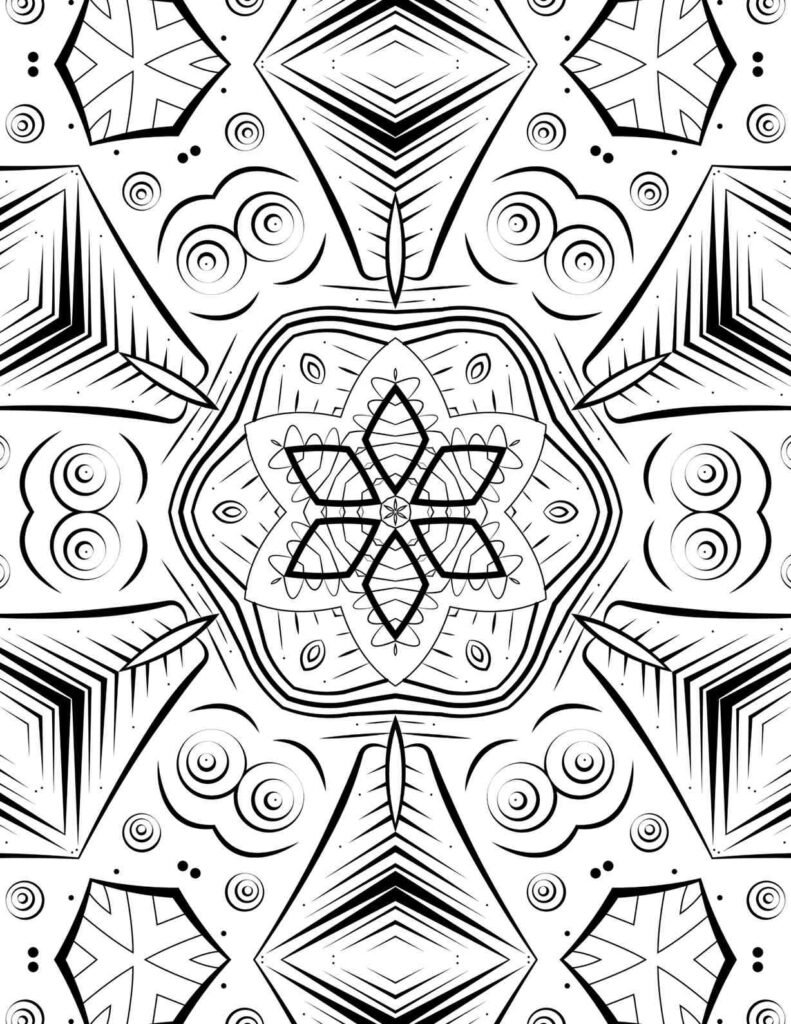 Bold geometric mandala coloring page for adults, intricate cosmic pattern, psychedelic art for stress relief