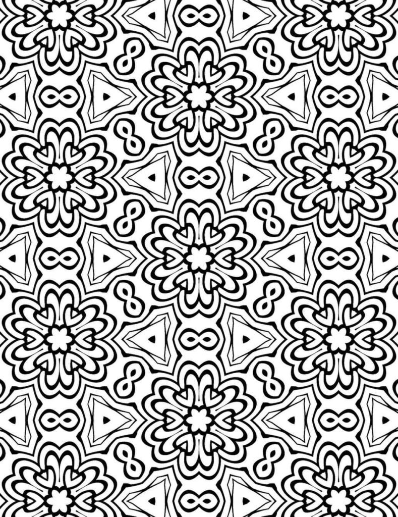 Black and white repeating floral and infinity loop mandala pattern for adult coloring