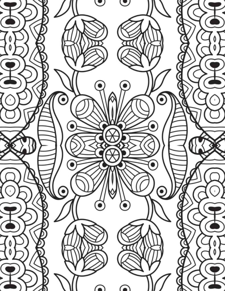 Symmetrical floral mandala design with a central blossom motif and decorative borders, ideal for calming adult coloring and artistic expression.