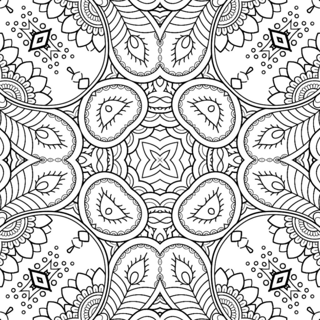 Intricate square mandala design with eye-like patterns and detailed geometric motifs, perfect for adult mindful coloring and meditation.