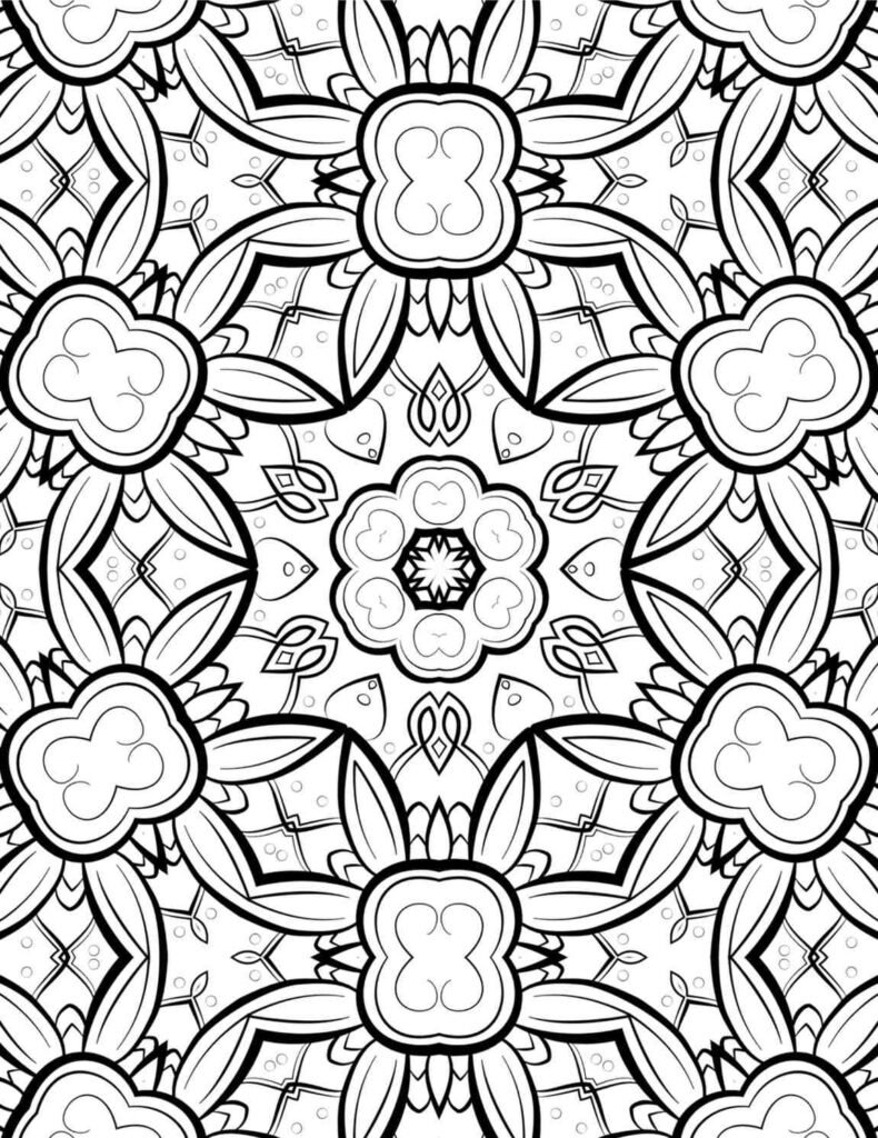 Intricate geometric mandala coloring page with repeating floral and abstract patterns for adults to color and de-stress.