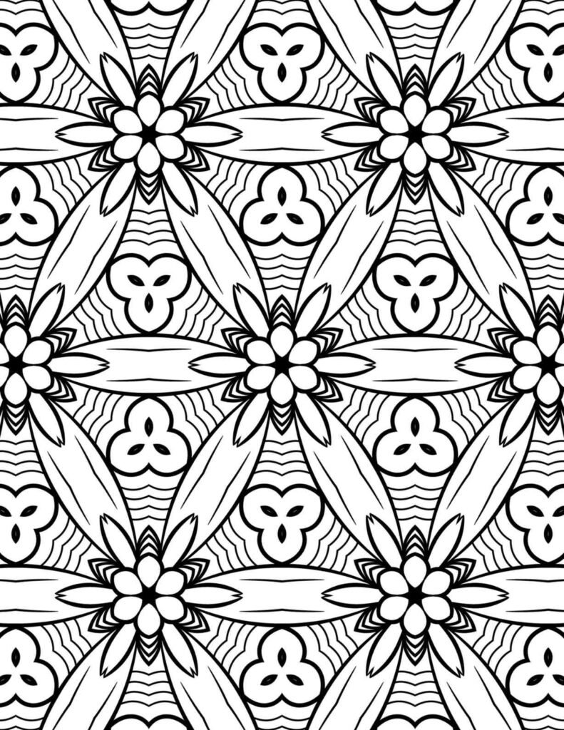 Symmetrical geometric floral mandala design for adult coloring and meditation