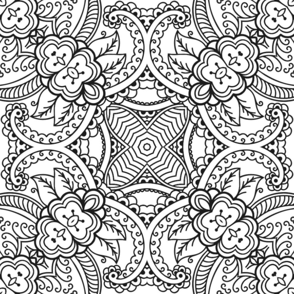 Free printable mandala coloring page featuring a striking geometric center, elegant floral blossoms, swirling paisley-like patterns, and intricate details for mindful relaxation and creative art