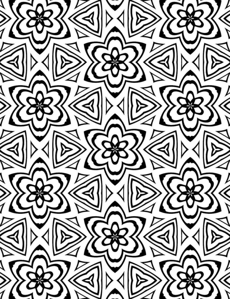 Black and white geometric floral mandala for coloring, pattern exploration, and creative relaxation.