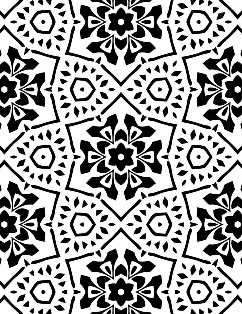 Bold repeating geometric mandala pattern with stylized floral centers and sharp accents, perfect for contemporary adult coloring.