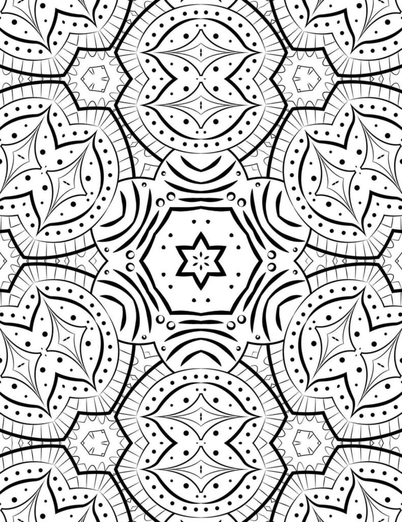 Symmetrical geometric mandala with starburst center and flowing patterns for mindful coloring.