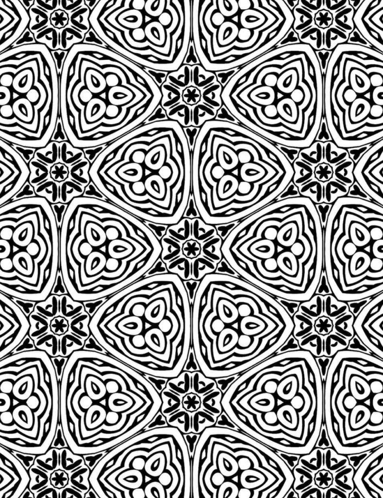 Black and white geometric floral or seed-pod repeating mandala pattern for mindful coloring