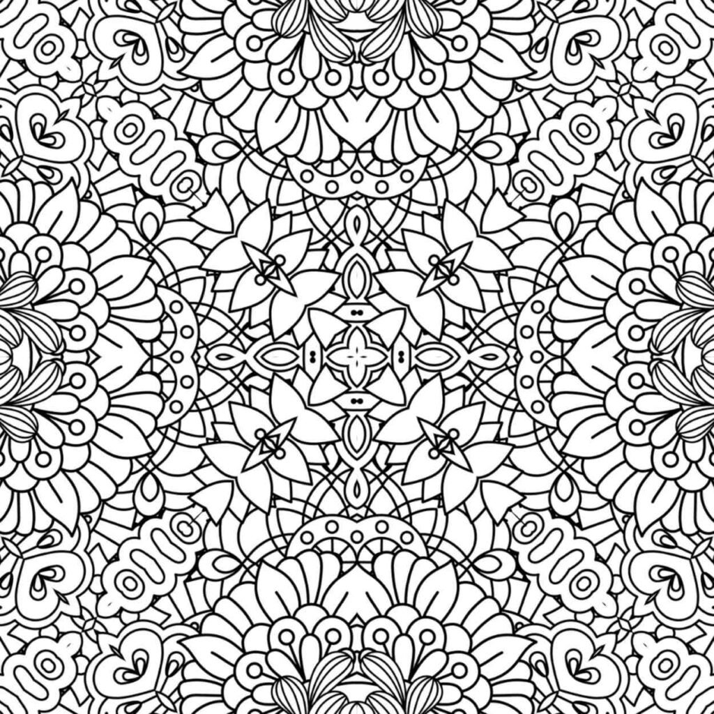 Detailed Geometric Bloom Mandala Coloring Page for Adults, Stress Relief Activity
