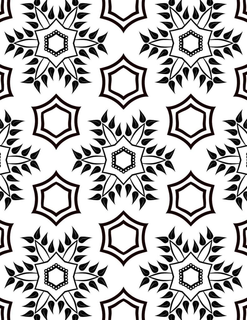 Unique tessellated mandala pattern featuring repeating hexagonal frames, intricate floral bursts, and stylized leaf motifs, ideal for seamless backgrounds and creative projects.