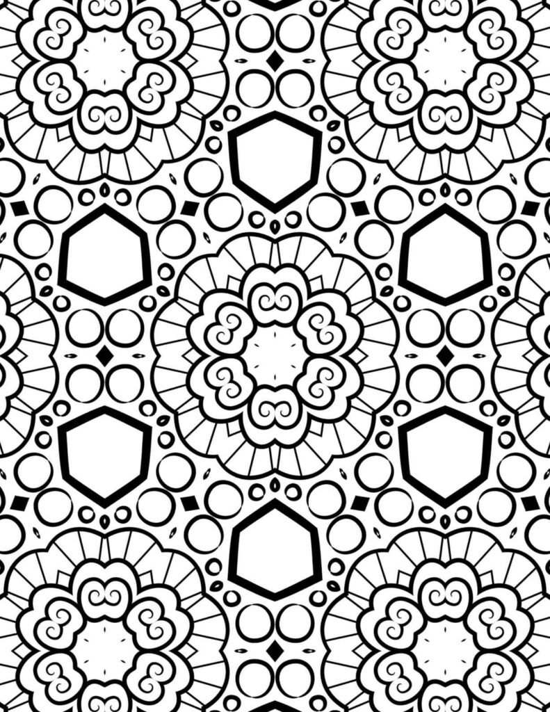 Symmetrical black and white mandala with floral-like motifs, hexagonal elements, and repeating circles, perfect for mindful coloring.