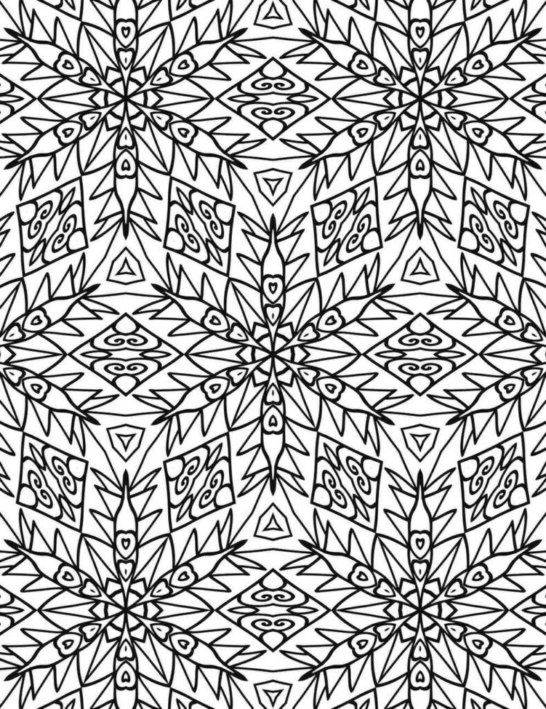 Complex geometric mandala with diamond shapes and arrow patterns, black and white design for intricate adult coloring