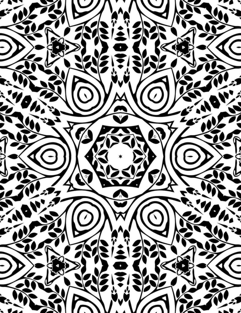 Free printable geometric floral mandala with organic leaf patterns and symmetrical eye-shaped motifs for relaxation