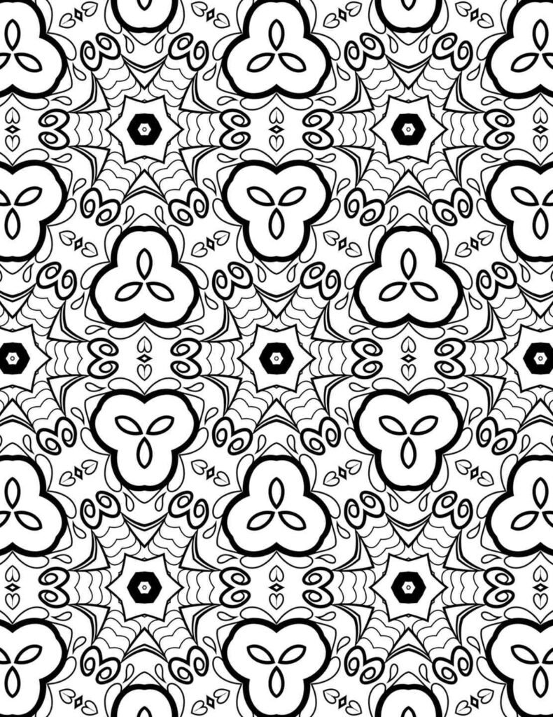 Intricate black and white geometric floral mandala pattern for coloring and relaxation