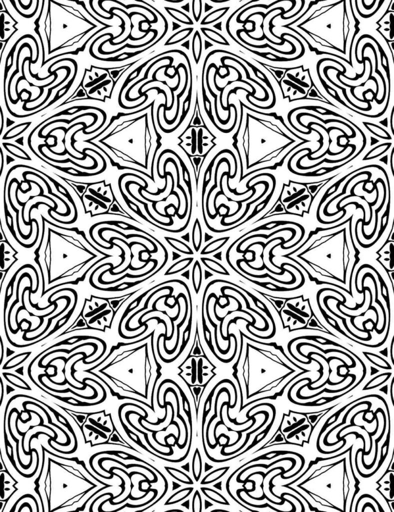 Complex black and white geometric mandala coloring page featuring intricate interlocking curves, pointed motifs, and symmetrical patterns for advanced coloring.