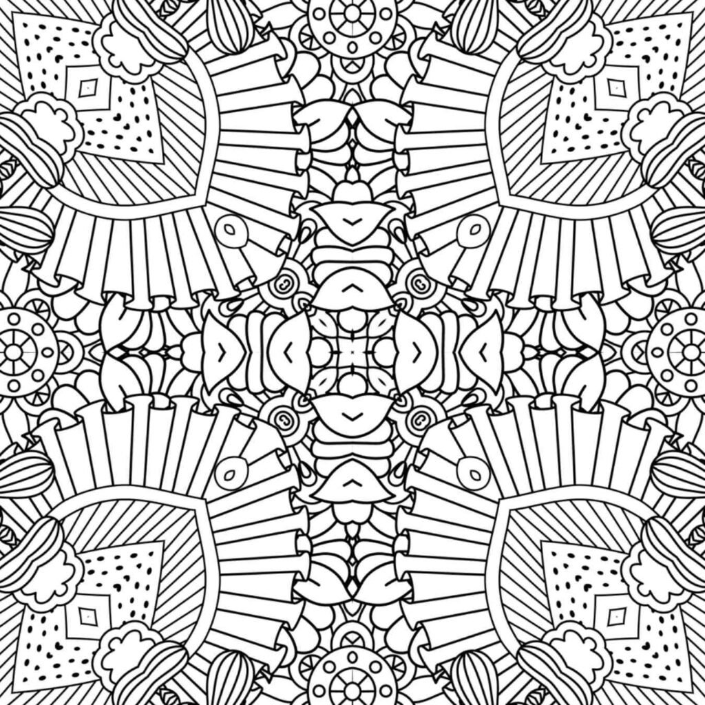 Intricate geometric mandala coloring page with interlocking patterns and symmetrical designs, ideal for mindful concentration.