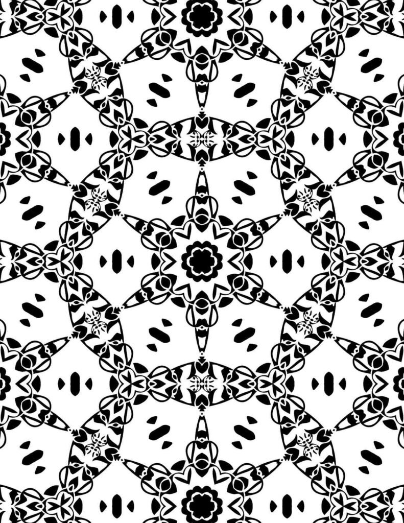 Free printable mandala coloring page featuring a bold black and white geometric kaleidoscope pattern with repeating star-like formations, ideal for modern abstract art and enhancing concentration.