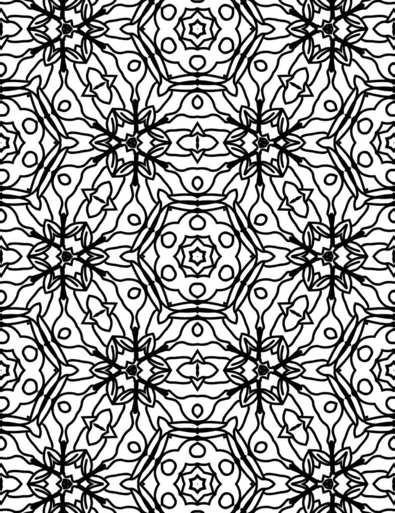 Intricate geometric mandala design for coloring, featuring hexagonal patterns and detailed symmetrical lines, ideal for stress relief and mindfulness.