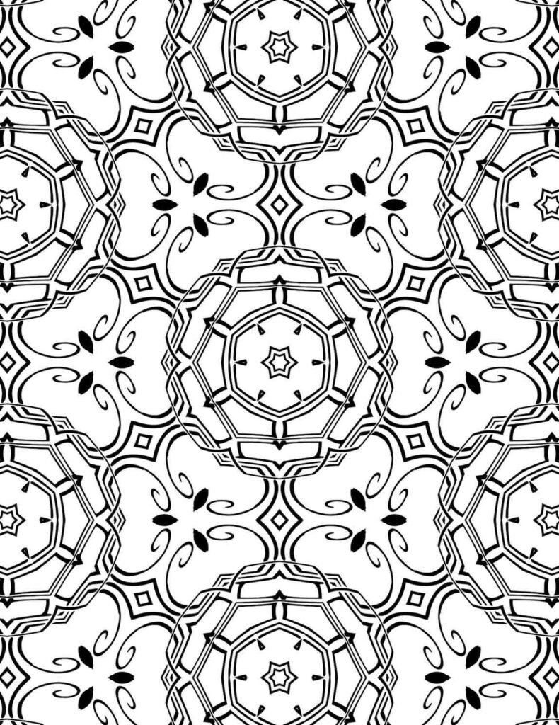 Black and white mandala featuring bold geometric shapes, intricate patterns, and elegant swirls, ideal for therapeutic coloring.