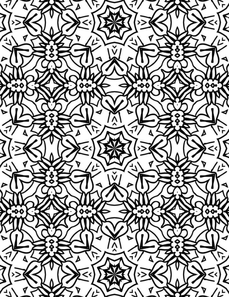 Intricate geometric mandala coloring page with interlocking star and leaf-like patterns, perfect for mindful coloring and stress reduction.